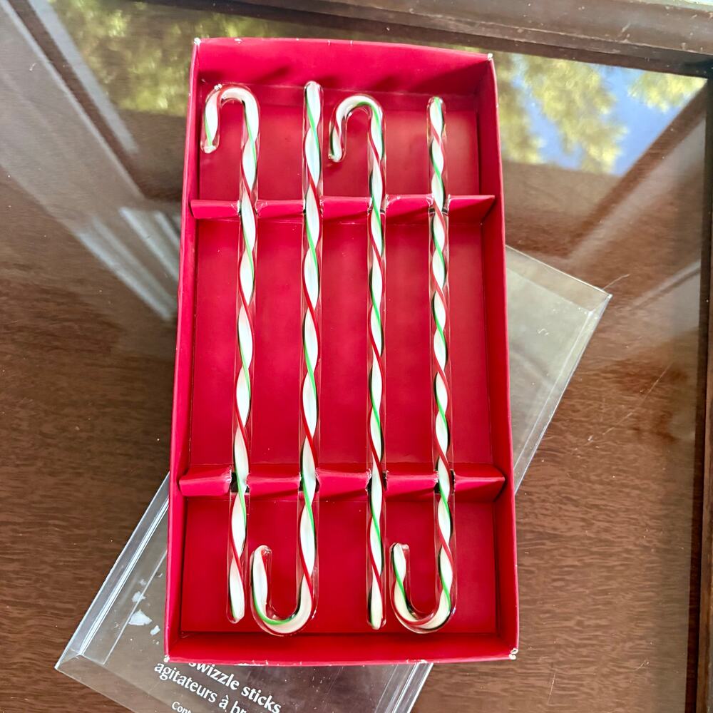 Vintage Pier 1 Glass Candy Cane Swizzle Sticks Set of 4 Christmas Stirrers